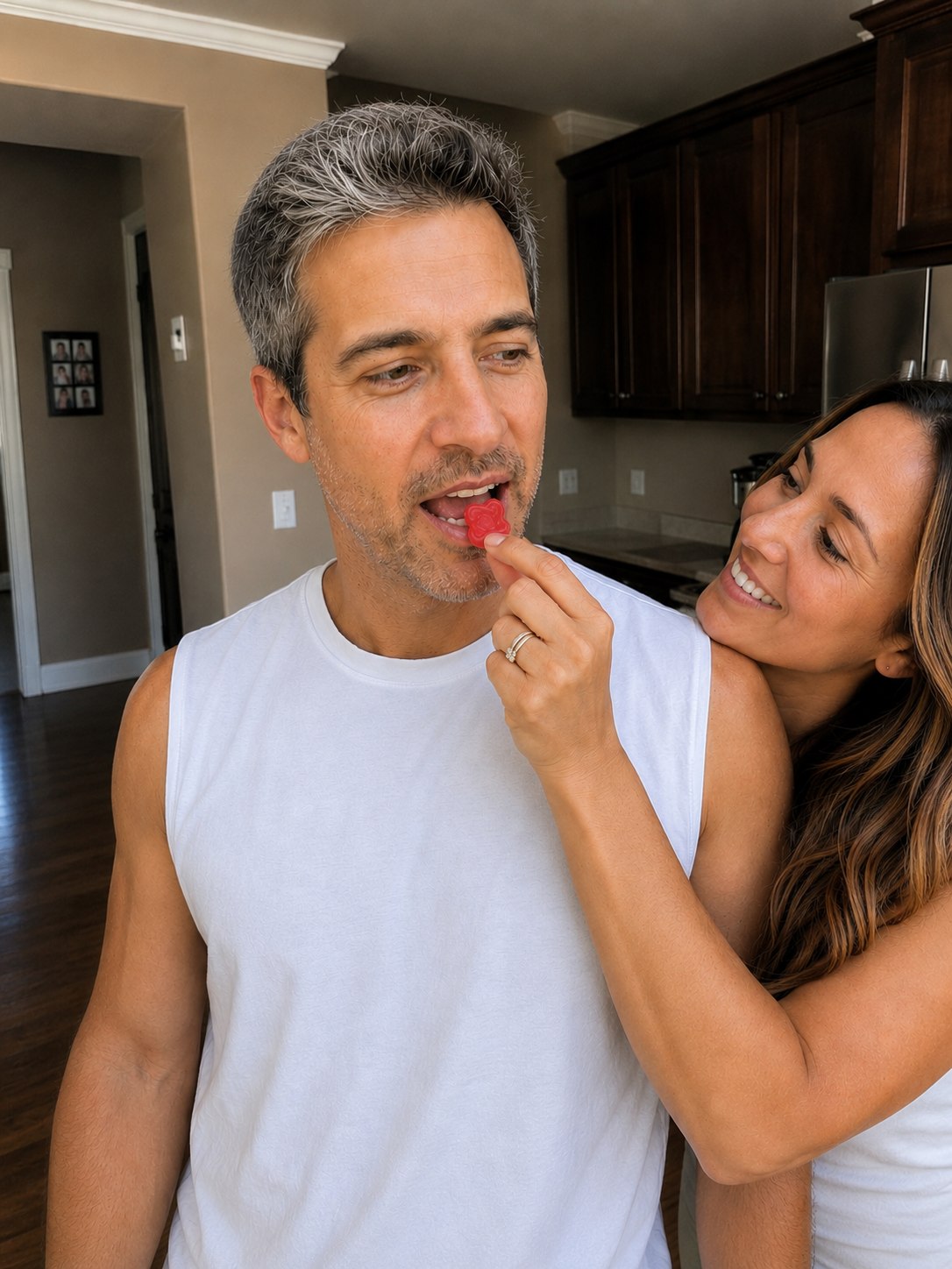 Wife offering an Arq8 gummy at home