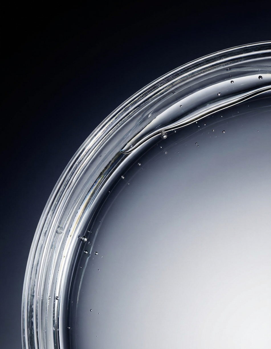 Dark liquid rim in a lab dish representing succinic acid