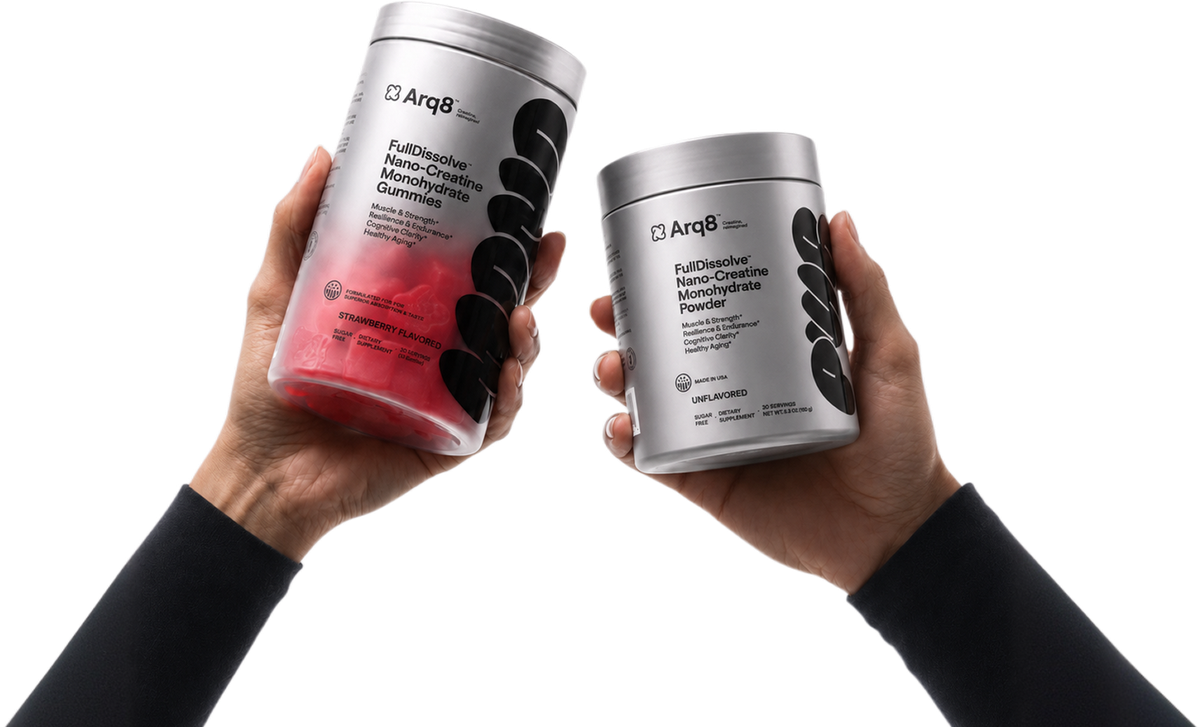 Arq8 powder and gummies in hands