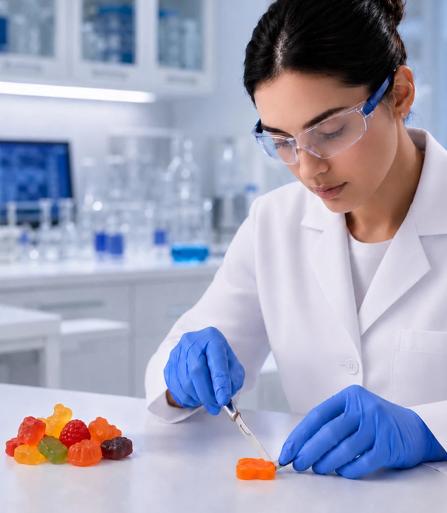 Scientist testing gummies in a lab