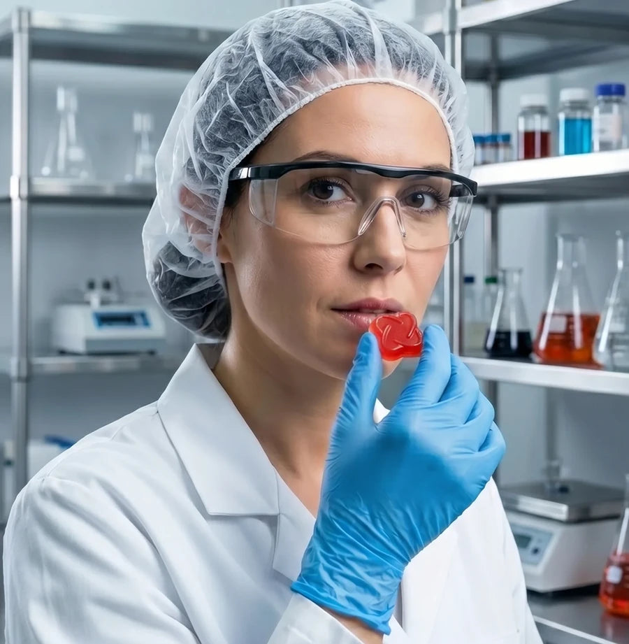 Lab specialist holding a gummy