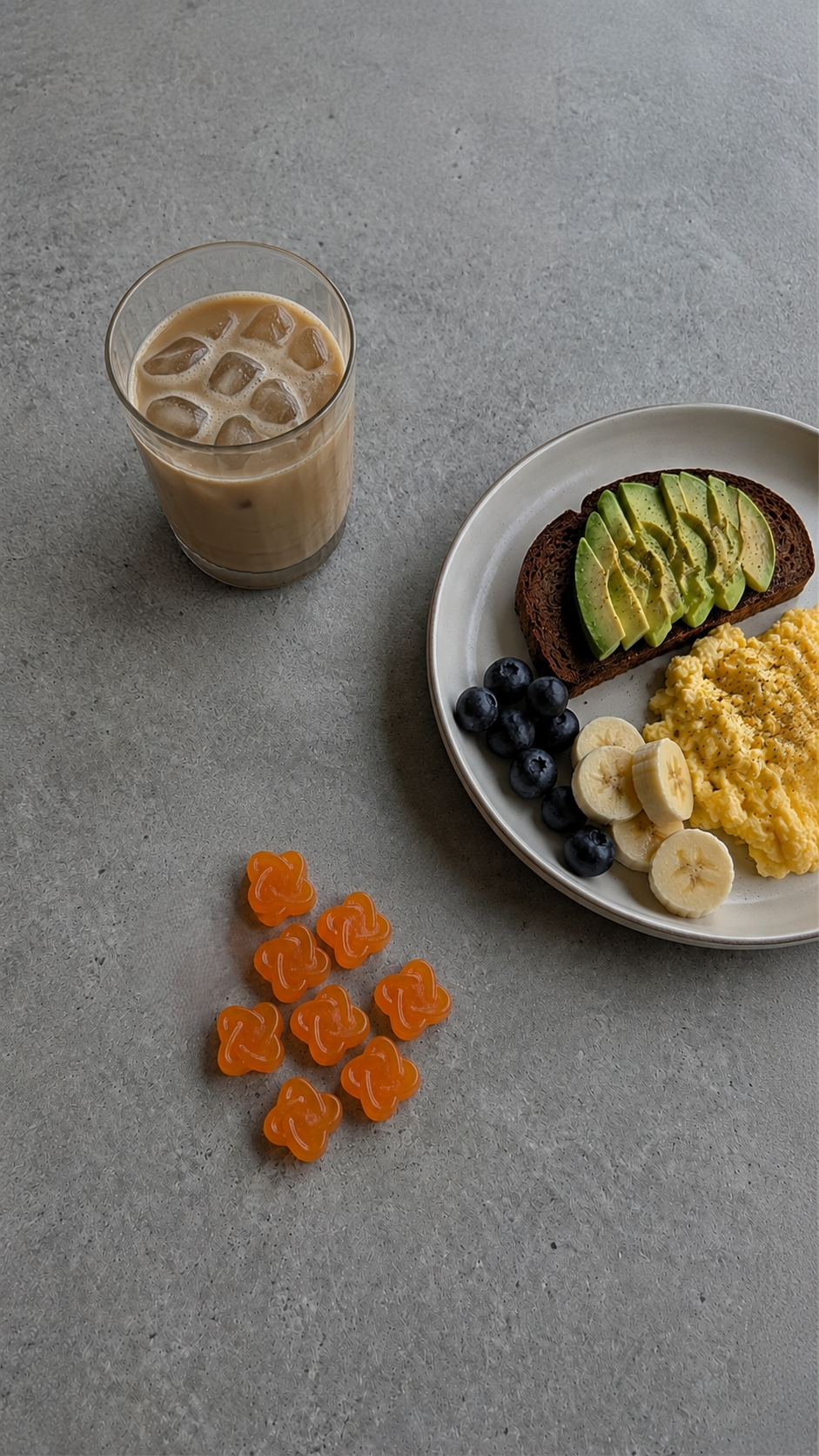 Arq8 gummies with breakfast and iced coffee