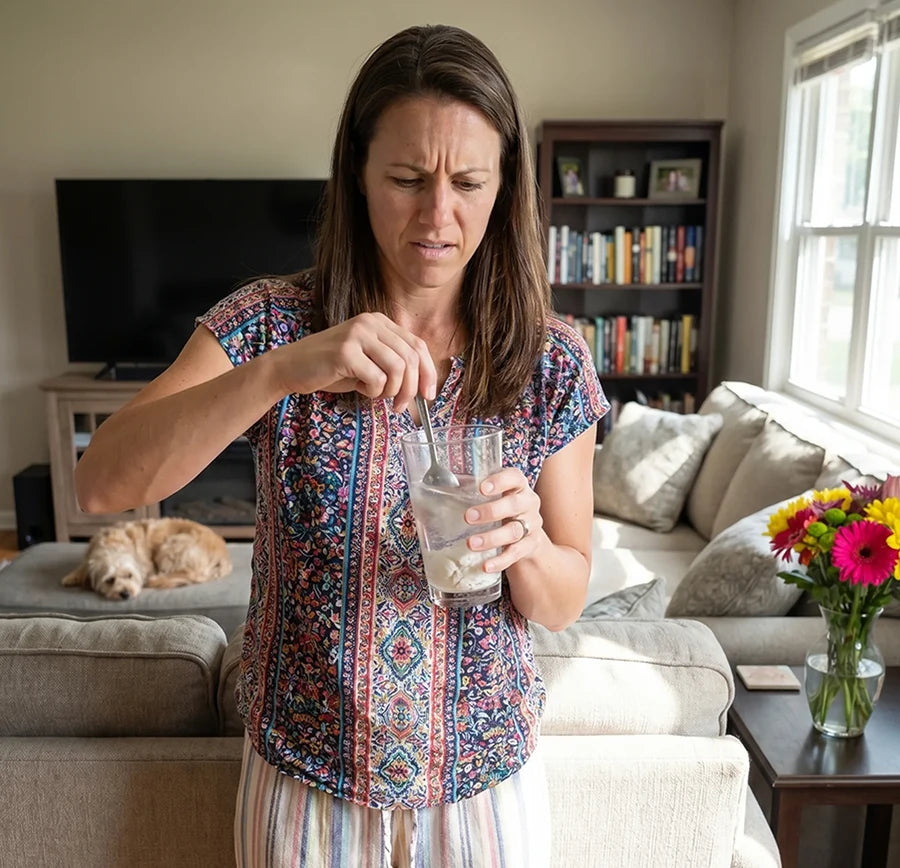 Woman stirring powder into a drink
